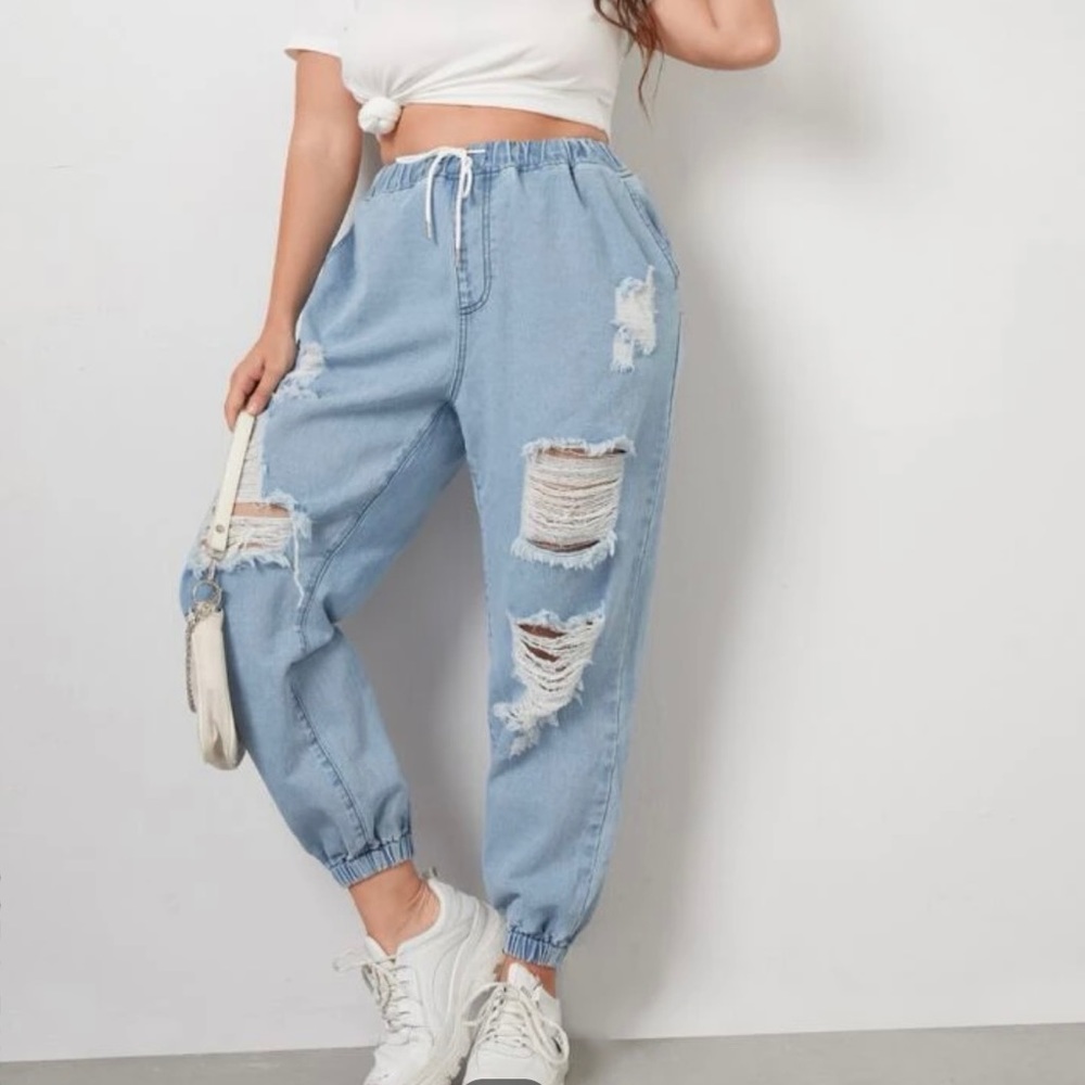 Stretchy light blue denim.
